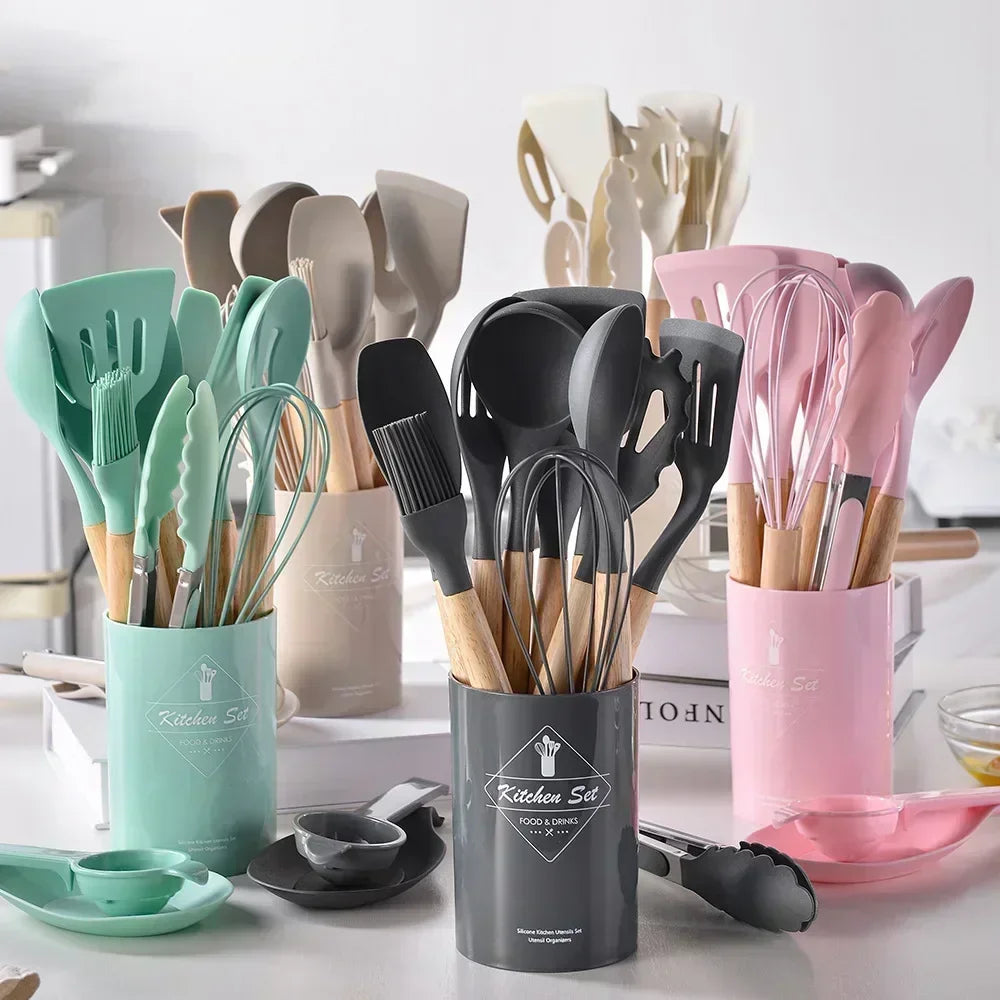 12PCS Food Grade Silicone Kitchen Cookware Utensils Turner Spatula