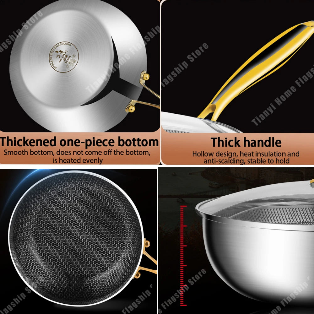 316 Stainless Steel Frying Pan Wok Non-stick Cooking Honeycomb Steak
