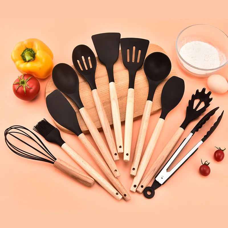 12-Piece Non-Stick Silicone Cooking Tools with Wooden Handle Set for