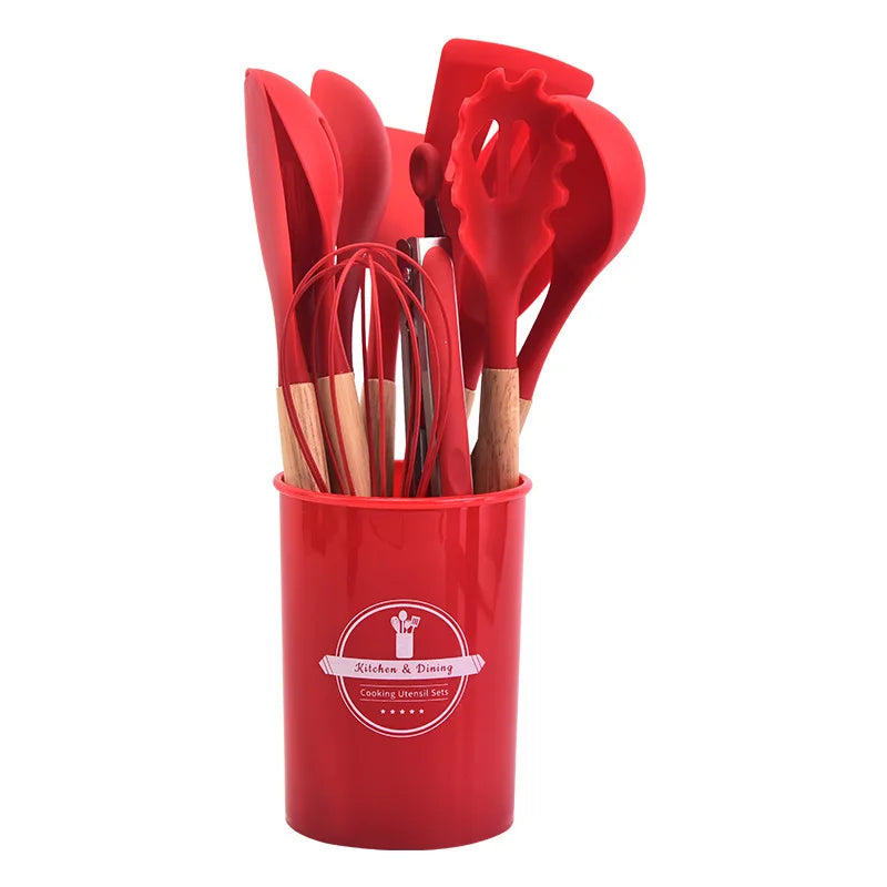 12-Piece Non-Stick Silicone Cooking Tools with Wooden Handle Set for