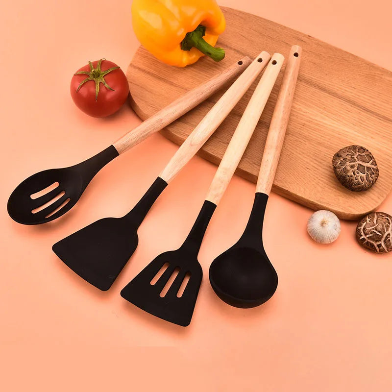 12-Piece Non-Stick Silicone Cooking Tools with Wooden Handle Set for